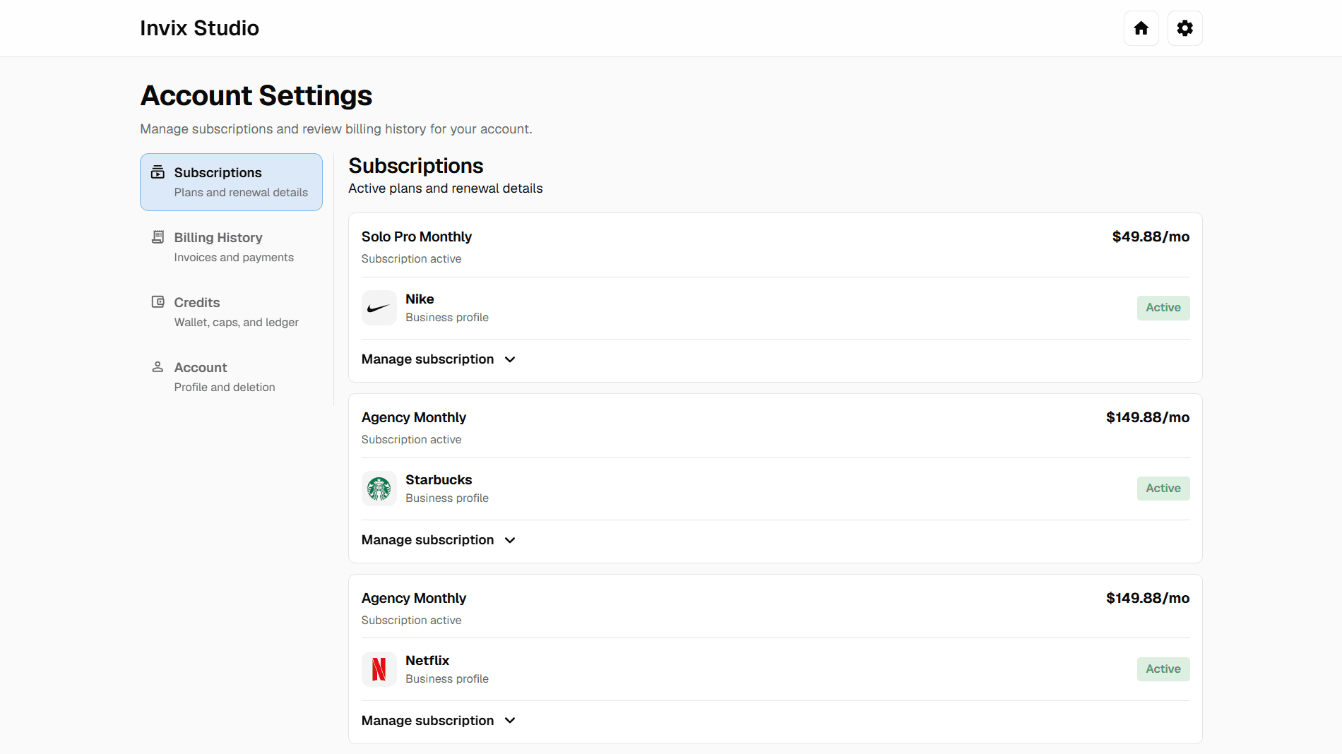 Subscription management view
